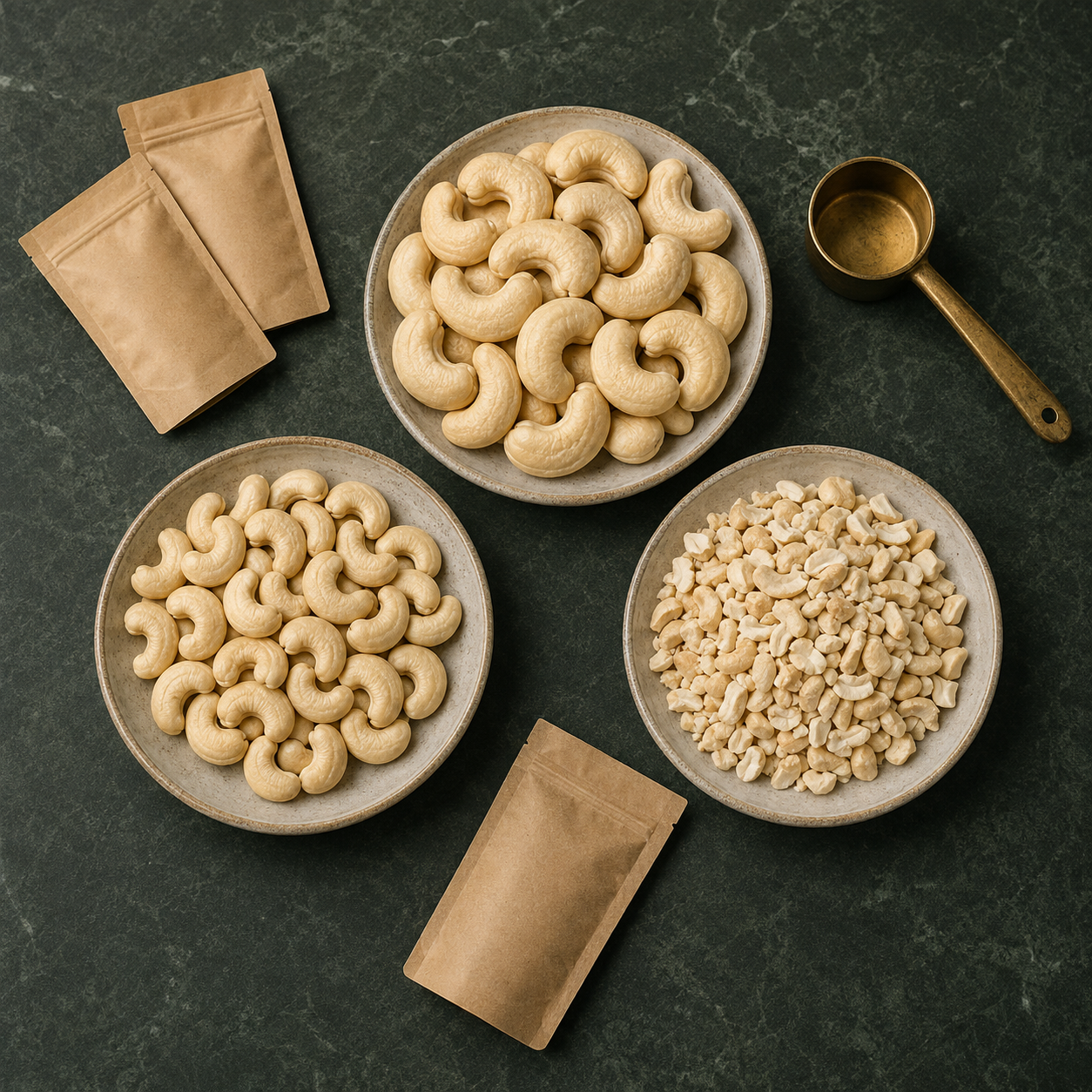 Three cashew sample presentations showing whole kernels and pieces