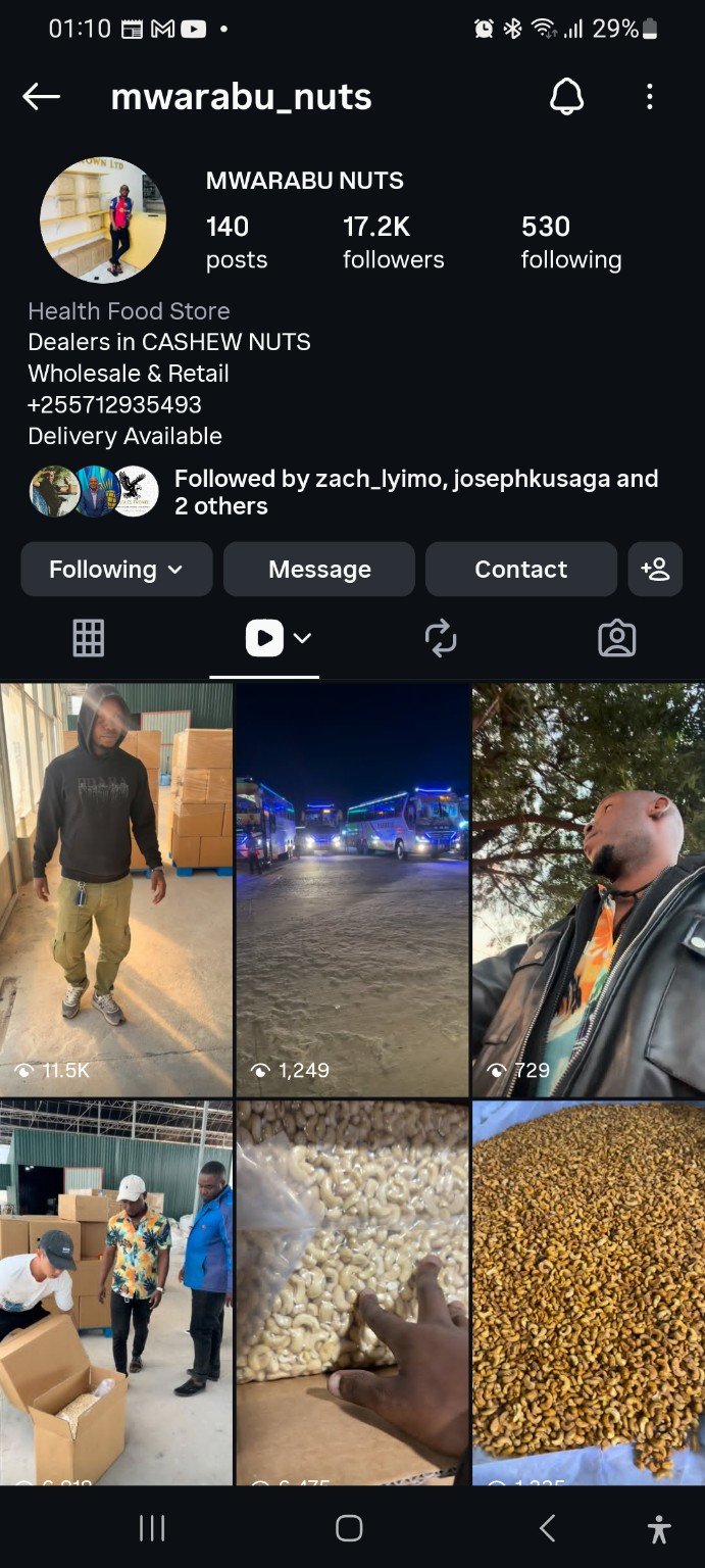 Screenshot of the Mwarabu Nuts Instagram profile