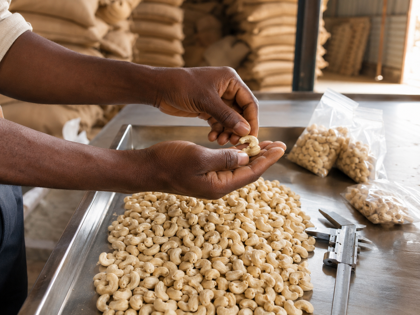 Cashew kernels being reviewed during a quality sampling process